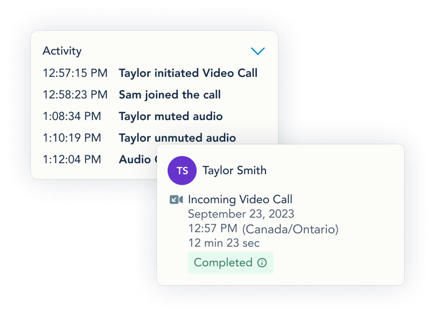 Two images showing call history and call activity